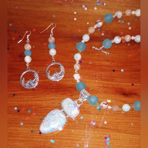 Aqua Terra Jasper Pendant Sunstone Frosted Sea Glass Beads Earrings Unique Set - Picture 3 of 8